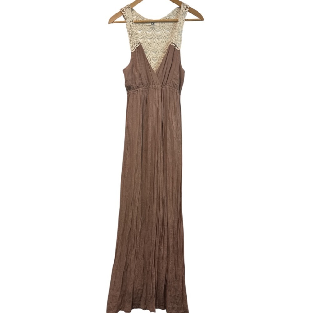 Ya Los Angeles V Neck Light Brown & Cream Lace Maxi Dress Size Small